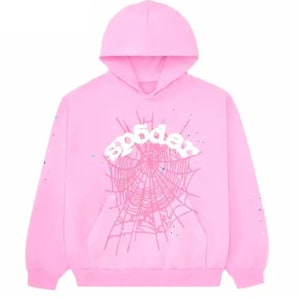 May include: Pink hooded sweatshirt with a front pocket and a hood. The front features a white spider web design with the word "sp5der" in white. The sleeves have small blue and white accents.