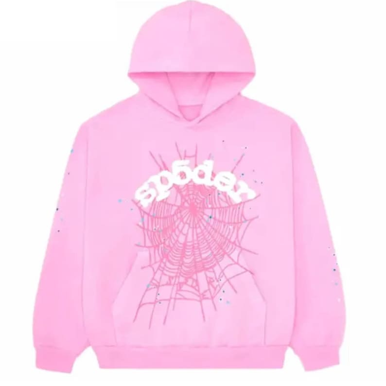 May include: Pink hooded sweatshirt with a front pocket and a hood. The front features a white spider web design with the word "sp5der" in white. The sleeves have small blue and white accents.