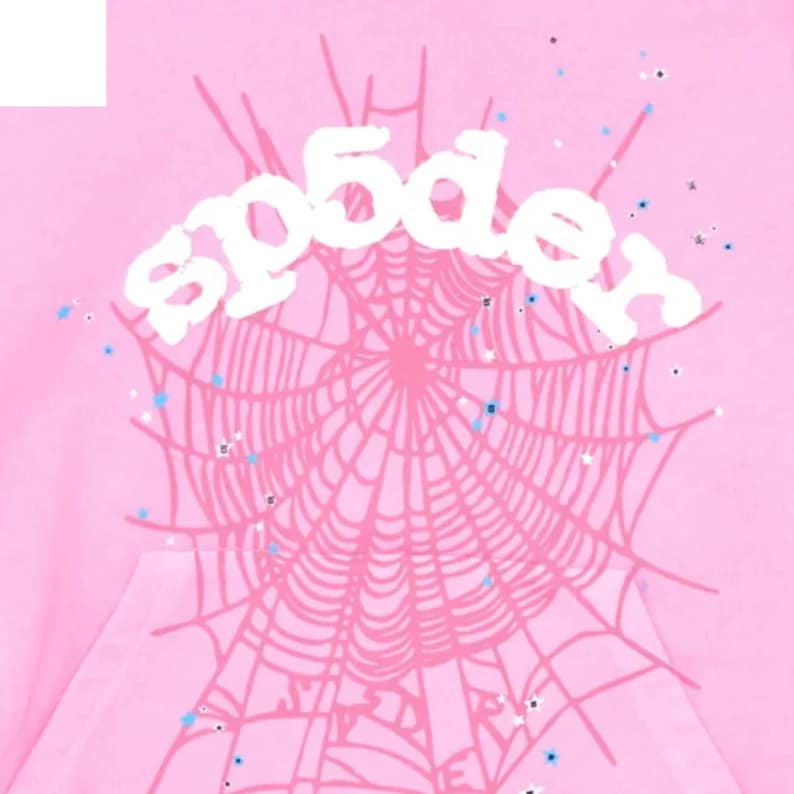 May include: Pink hoodie with a spiderweb design and the word "sp5der" in white. The spiderweb is a lighter shade of pink, and there are small blue and white star-shaped accents scattered around the design.