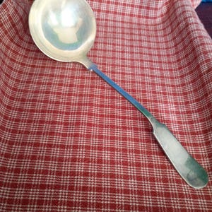 May include: A silver ladle with a long, slender handle and a rounded bowl. The ladle is resting on a red and white checkered cloth. The handle has a slight curve for a comfortable grip. The bowl is reflective, showing the surrounding environment.