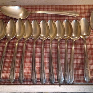 May include: A collection of silver spoons, including a large serving spoon, arranged on a red and white checkered cloth. The spoons have a decorative wheat stalk design on the handles.