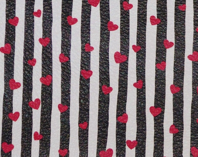 Valentines Day 12"x12" RED Hearts on Wavy Black / white 1/8" STRIPES Leather 2.5-3oz/1-1.2mm E1380-08