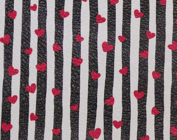 Valentines Day 8"x10" RED Hearts on Wavy Black / white 1/8" STRIPES Leather 2.5-3oz/1-1.2mm E1380-08