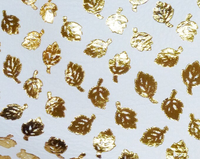 Leather 12"x12" GOLD LEAVES Metallic (leaves are 1/2" long) on WHITE King  grain Cowhide 3-3.5 oz / 1.2-1.4 mm PeggySueAlso® E3950-01