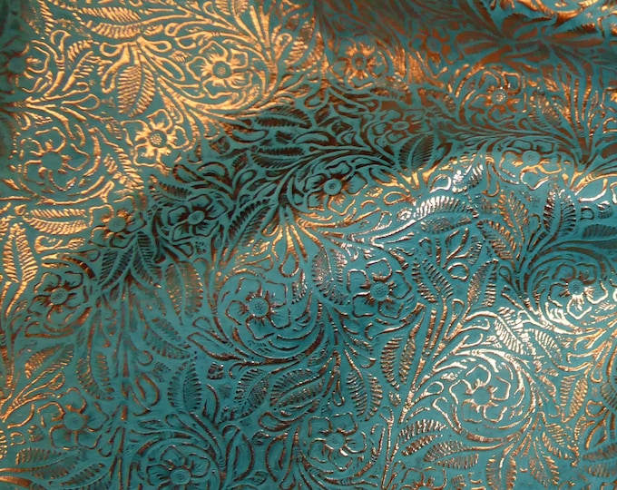 Leather 12"x20" 10"x24" or? Garibaldi Rose ROSE GOLD Metallic on TURQUOISE Cowhide 2.25-2.5oz/0.9-1mm PeggySueAlso E3610-06