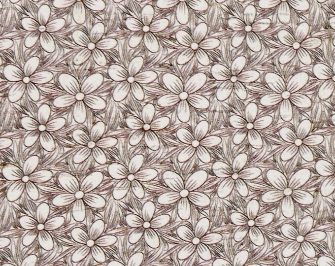 CORK 3-4-5 or 6 sq ft  MONOTONE white Floral on TAUPE Cork on Leather Thick 5.5oz/2.2mm PeggySueAlso E5610-420