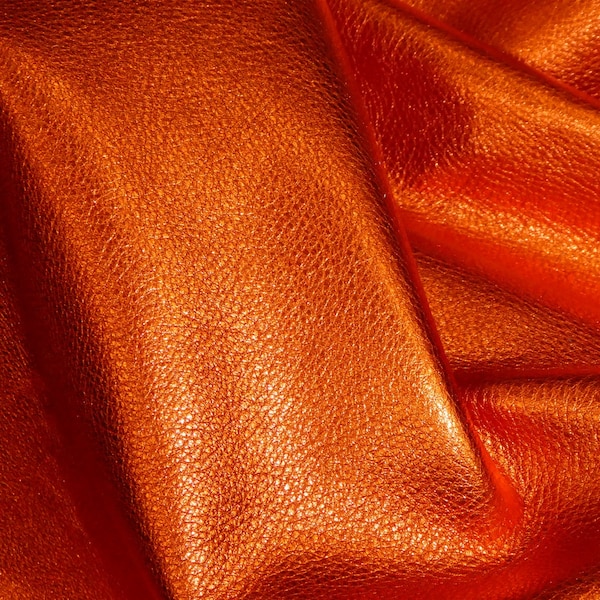 Pebbled Metallic 12"x12" Shiny LOBSTER ORANGE Soft cowhide Leather shows the grain 3-3.25oz/1.2-1.3mm PeggySueAlso® E4100-18B