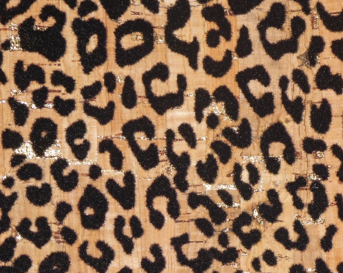 Cork 8"x10" FLOCKED Black Baby Cheetah  / Leopard w/ Gold Metallic Accents on Natural Cork backed w/ Leather 5.5oz/2.2mm PSA E5610-379