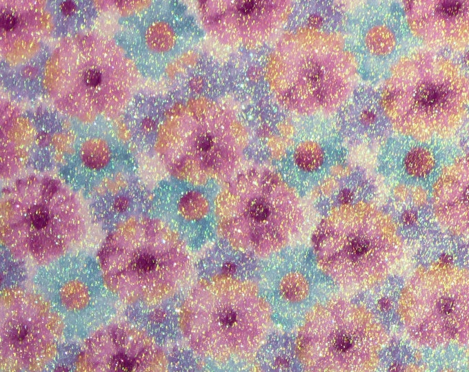 Fine Glitter 5"x11" PINK AQUA PURPLE Floral Glitter Fabric applied to Leather Thick 5-5.5oz /2-2.2 mm PeggySueAlso E4360-09