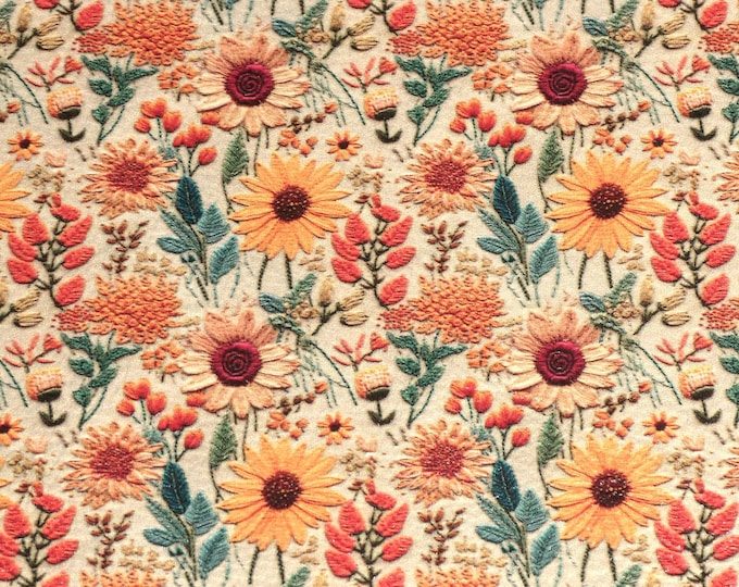 Leather 8"x10" Embroidery Look Neutral Floral Orange Green Beige on Cowhide Largest flowers 3/4" 3.75-4oz/1.5-1.6 mm  PeggySueAlso® E7850-01