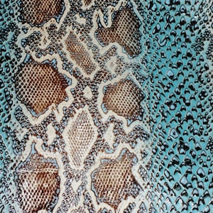 Peut inclure: Gros plan sur un motif de peau de serpent bleu et marron. Le motif est composé de petites écailles qui se chevauchent.