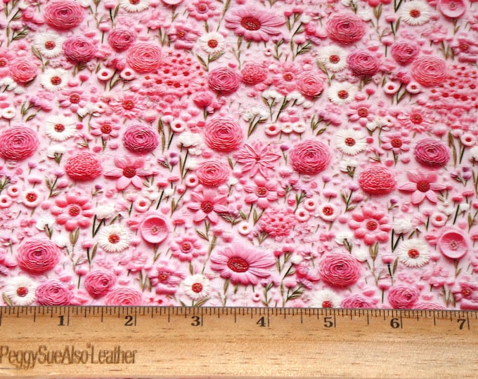 Cork 3-4-5 or 6 sq ft Embroidery Look PINK Roses, White flowers on Dusty PINK on cork applied to leather 5.5oz/2.2mm PeggySueAlso® E5610-619