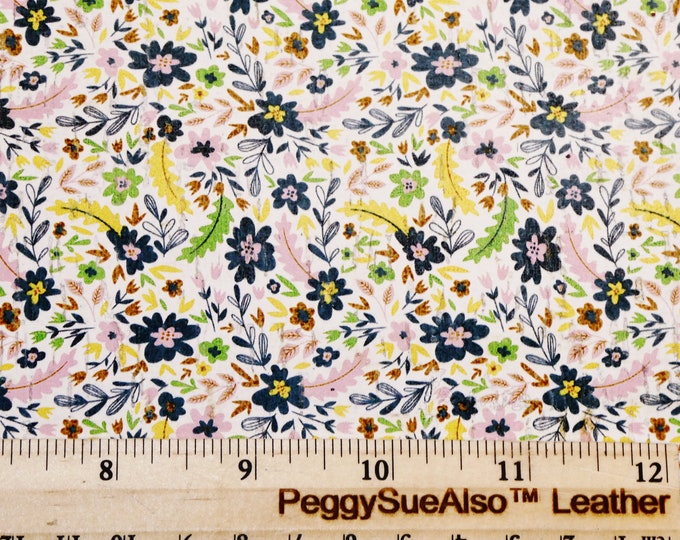 CoRK 8"x10" GENTLE FLORAL on WHITE  w/ green pink navy yellow Flower Cork applied to Leather Thick 5.5 oz/2.2 mm PeggySueAlso® E5610-261