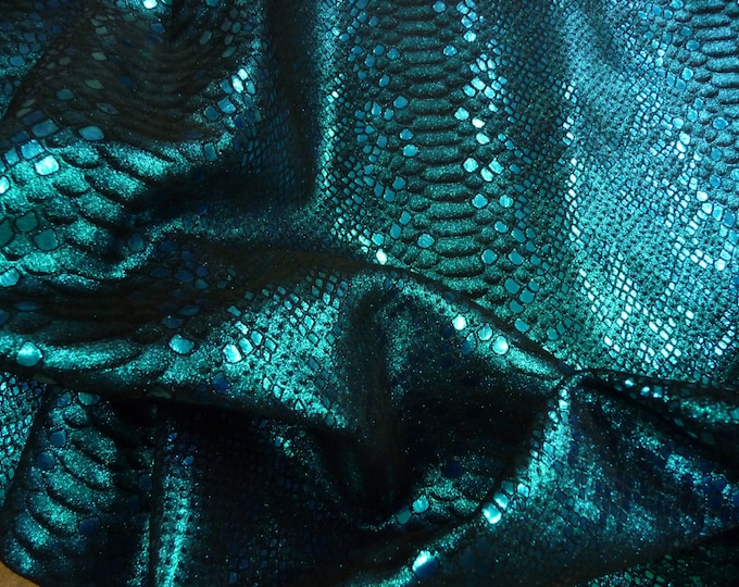 Mystic Python 12"x20", 10"x24", 12"x24" TURQUOISE Metallic on BLACK Cowhide Leather 3 oz / 1.2 mm PeggySueAlso E2868-07 Hides Available