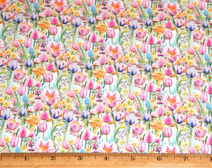 Leather 5"x11" BRIGHT SPRING TULIPS Embroidery Look lt gray, pink, purple on Cowhide 3.75-4oz/1.5-1.6 mm PeggySueAlso® E7850-10