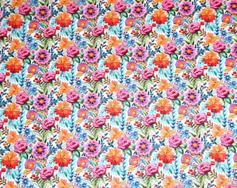 CoRK 12"x12" EMBROIDERY LOOK Bright FOLK Orange Pink Blue Floral on Cork applied to Leather 5.5oz/2.2mm PeggySueAlso® E5610-631 flowers