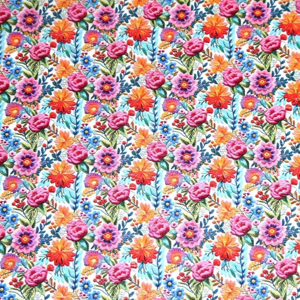 CoRK 2 pcs 4"x6" EMBROIDERY LOOK Bright FOLK Orange Pink Blue Floral on Cork applied to Leather 5.5oz/2.2mm PeggySueAlso® E5610-631 flowers