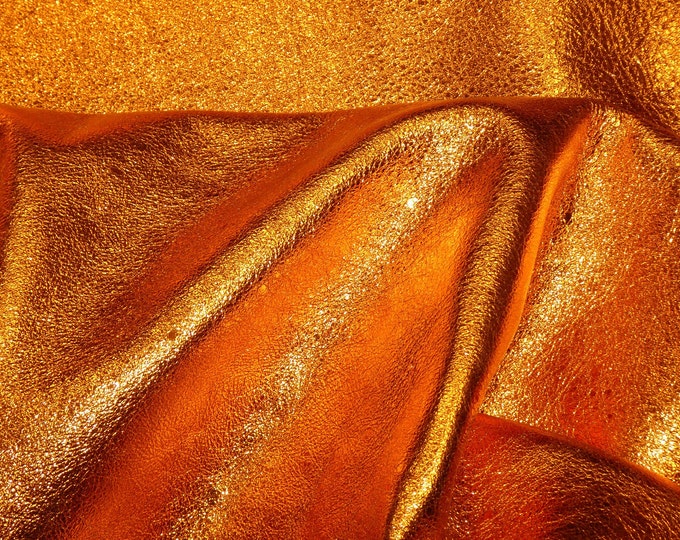 NEW Pebbled Metallic 12"x12" SUNSET Bright ORANGE, Shinier Soft cowhide leather shows the grain 3-3.25oz/1.2-1.3mm PeggySueAlso® E4100-45