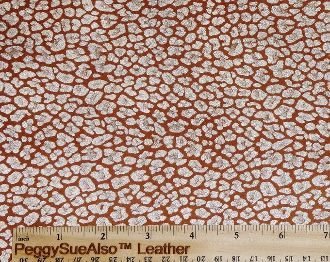 Shimmery Leopard 8"x10" IRIDESCENT Silver Metallic on RUST Suede Cowhide Leather 2.75-3 oz / 1.1-1.2 mm PeggySueAlso E2550-35
