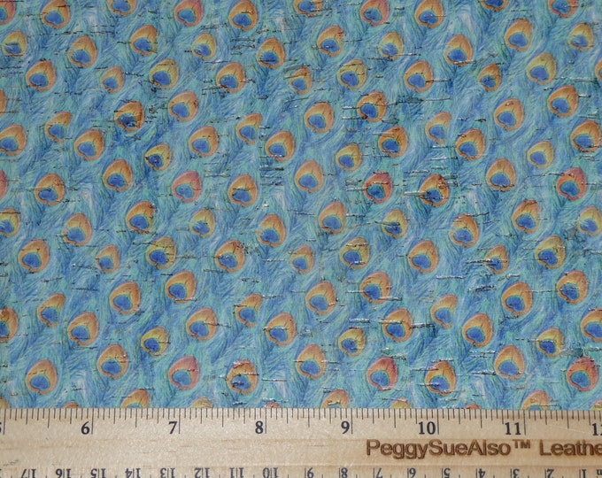 Cork 12"x12" PEACOCK FEATHERS in Turquoise and Blue Thick 5oz/2mm PeggySueAlso E5610-206 hides available