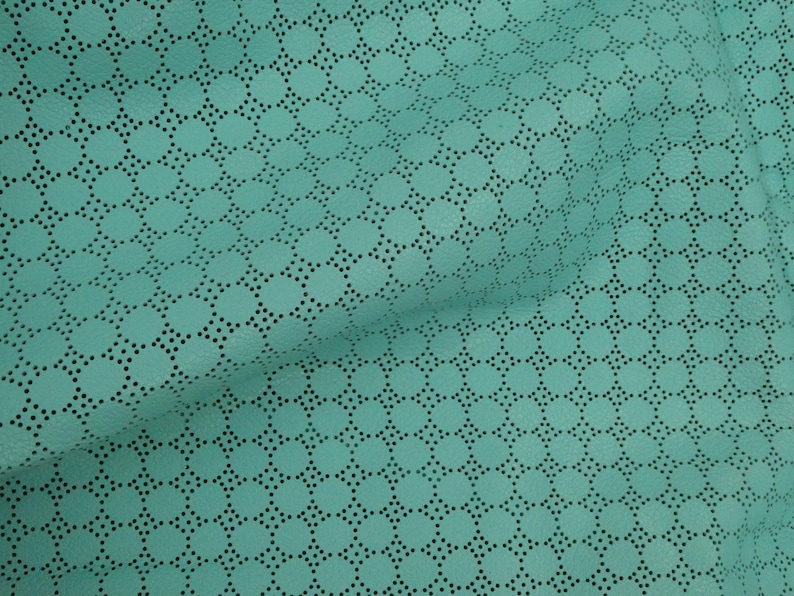 May include: Close-up of a teal leather material featuring a geometric pattern of circles and small perforations. The texture is visible, showing the material's surface and the detailed design.