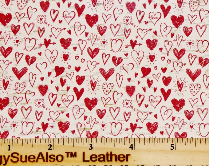 Cork 5"x11" COLLECTION of HEARTS RED on White Cork applied to leather THiCK 5.5oz/ 2.2 mm PeggySueAlso™ E5610-393 Valentine