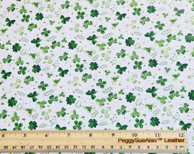 Cork 3-4-5 or 6 sq ft CLOVER / SHAMROCK Green watercolor Cork applied to Cowhide leather Thick 5.5oz/2.2mm E5610-407 St. Patrick's Day