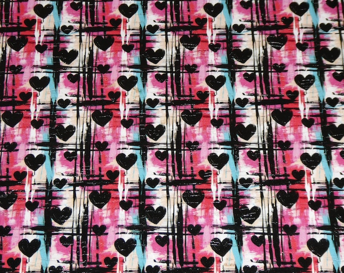 Cork 2 pcs 4"x6" Black HEARTS Pink Aqua / turquoise on CORK applied to CHROME Free leather 5.5oz/ 2.2 mm PeggySueAlso® E5610-617 Valentine