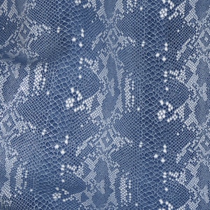 May include: Blue snakeskin fabric with a white pattern. The fabric has a textured surface and a subtle sheen.