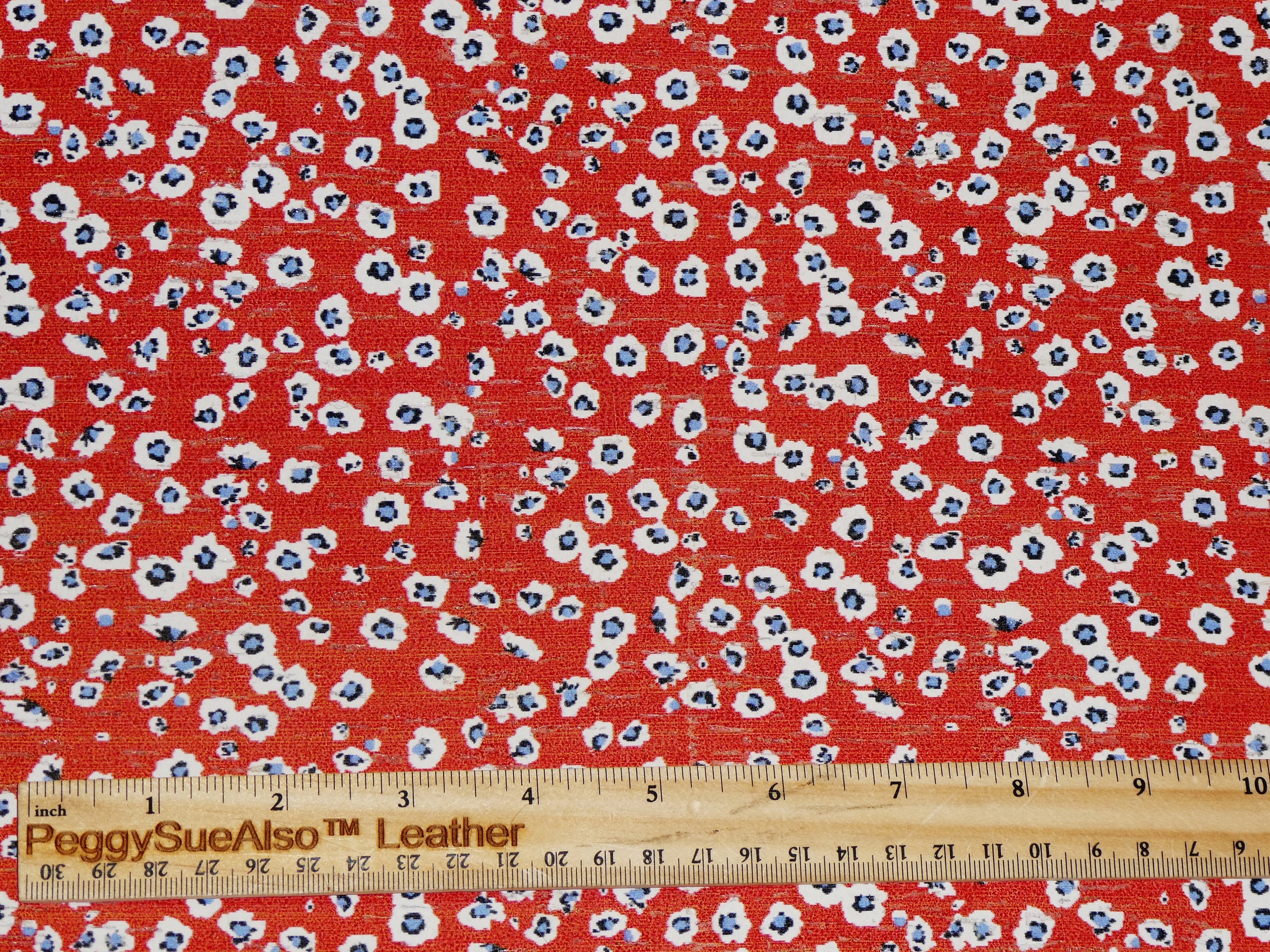 Cork 12x12 DITSY FLOWERS on RED with Blue and White Cork applied to Leather for bodystrength Thick 5.5oz2.2mm E5610-281