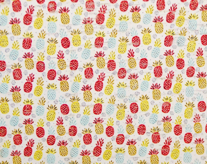 Cork 3-4-5 or 6 sq ft Colorful PINEAPPLES on White CORK applied to real leather Thick 5.5oz/2.2mm PeggySueAlso E5610-276