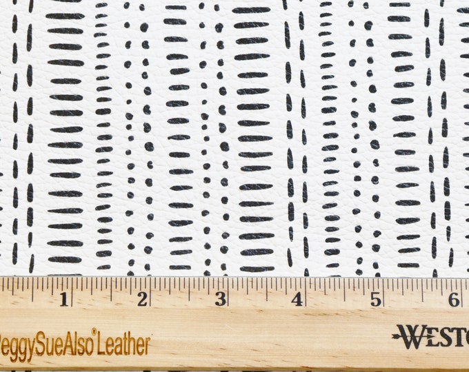 Leather 2 pieces 4"x6" ETHNIC MUD CLOTH with black dots and lines on White Leather 4 oz /1.6 mm PeggySueAlso E6005-03