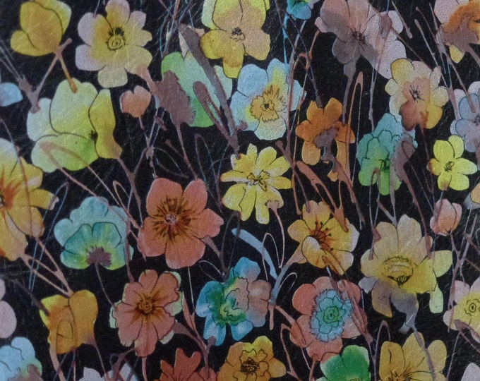Leather 12"x12" Colorful FIELD of Flowers on BLACK  grain Cowhide 2.5-2.75 oz/ 1-1.1 mm PeggySueAlso E1130-02