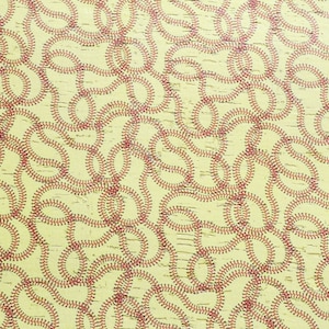 May include: A yellow background with a repeating pattern of red baseball stitches forming a continuous line.