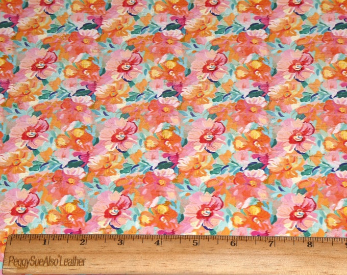 CoRK 5"x11" WATERCOLOR Painted Flower BOUQUET pink orange aqua teal (largest flower 1") applied to leather 5.5oz/2.2mm PSA E5610-626