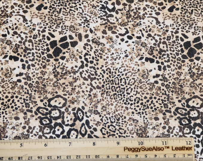 Leather 8"x10" Tan with Dark Brown Spots LEOPARD CONCEALED in FLOWERS grain Cowhide 3-3.5 oz/1.2-1.4 mm PeggySueAlso E2550-26