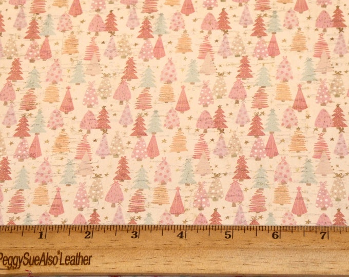 Cork 3-4-5-6sqft Pastel Christmas TREES on very light pinkish CREAM applied to Leather 5.5oz/2.2mm PeggySueAlso® E5610-591