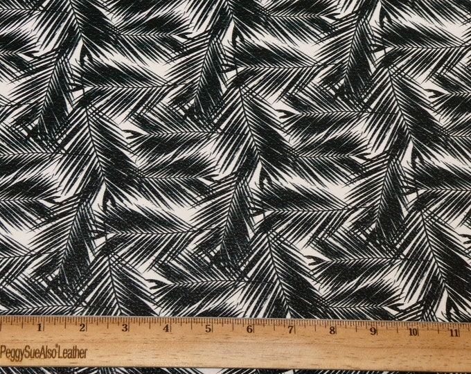 Leather 8"x10" BLACK TROPICAL LEAVES on White Cowhide 3.5-3.75 oz/1.4-1.5 mm PeggySueAlso® E1460-04