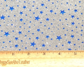Stars 8"x10" BLUE STARS on Fine Silver GLITTER applied to Leather - Quite Thick at 6 oz/ 2.4 mm PeggySueAlso® E4360-16