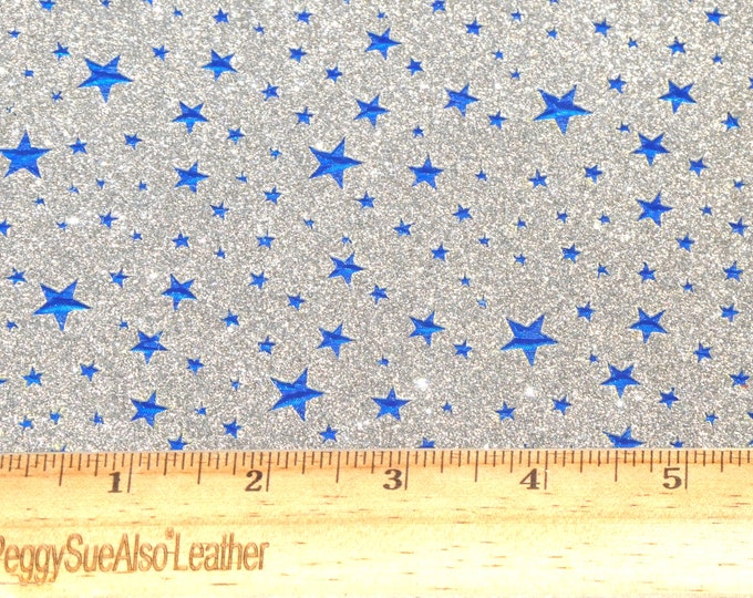 Stars 5"x11" BLUE STARS on Fine Silver GLITTER applied to Leather - Quite Thick at 6 oz/ 2.4 mm PeggySueAlso E4360-16