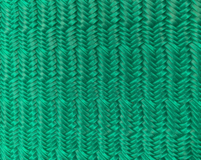 Leather 8"x10" FISHTAIL Italian Braided EMERALD / JADE Green  cowhide 2.5-3 oz /1-1.2 mm PeggySueAlso™ E3160-71 hides available