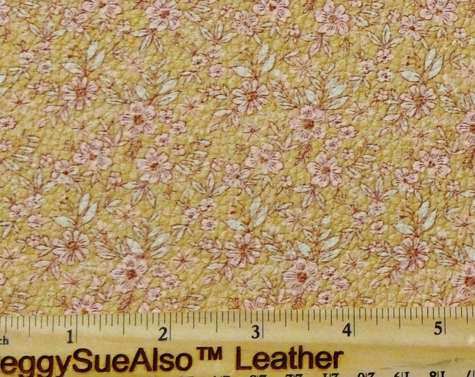 Leather 3-4-5 or 6 sq ft GOLDEN FLORAL PASTURE print with Pink Flowers mint leaves Cowhide Fairly thick 4 oz / 1.6 mm PeggySueAlso E1197-02