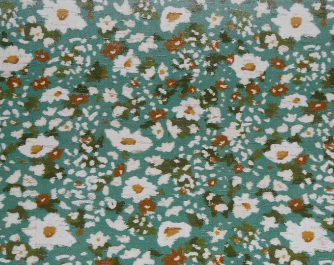 CoRK 5"x11" ABSTRACT DAISIES on TEAL Cork applied to Leather 5.5oz/2.2 mm E5610-527