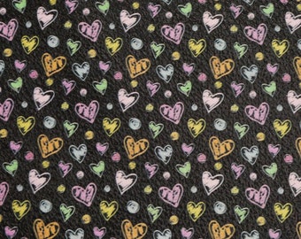 Leather 12"x12" HEARTS Colorful Hand Drawn on BLACK  Pebbled Cowhide 3.5-3.75 oz/1.4-1.5mm PeggySueAlso® E1380-41 Valentine