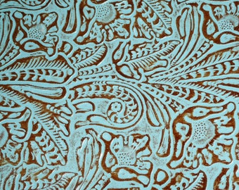 BOGO closeout Texas Rose 5"x11" TURQUOISE and BROWN Western Embossed Cowhide Leather (read description) 3-3.5oz/ 1.2-1.4mm Psa E3838-09