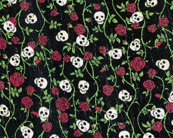 CORK 5"x11" LOVABLE SKULLS and Roses on Black Cork applied to Black Leather 5-5.5oz/2-2.2 mm PeggySueAlso® E5610-353 Halloween Mardi Gras