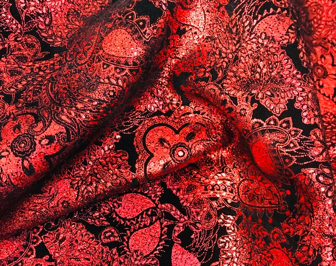 Leather 3, 4 or 5 sq ft Paisley Love Rose RED Metallic / Black Soft Suede Cowhide 3-3.25 oz /1.2-1.3 mm PeggySueAlso®  E3110-08 hides too