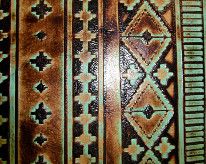 Leather 2 pieces 4"x6" Sea Foam Mocha NAVAJO Tribal Southwestern Embossed (READ DESCRiPTION) Cowhide 2.5-3 oz /1-1.2 mm PSA E2400-02