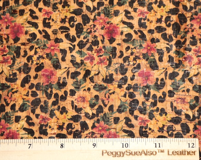 Cork 8"x10" Coral Yellow Pink FLOWERS over LEOPARD on NATURAL Cork applied to real leather Thick 5.5oz/2.2 mm PeggySueAlso™ E5610-196