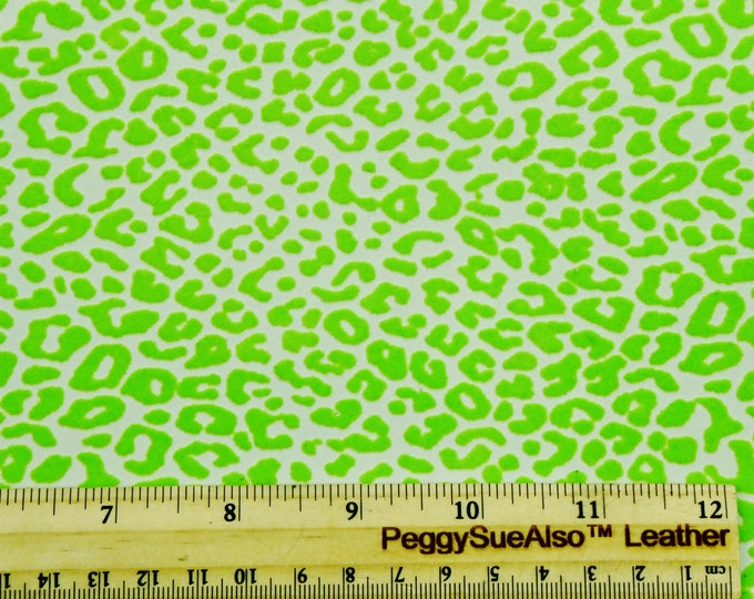 Flocked Leopard 8"x10" NEON Green Raised / spots on off white fairly firm Cowhide leather 4-4.5 oz / 1.6-1.8 mm PeggySueAlso E2550-73